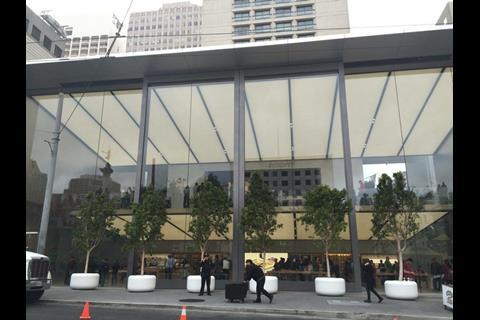 The frontage features no Apple branding, while the 42ft vast glass wall has the ability to open up almost entirely in good weather